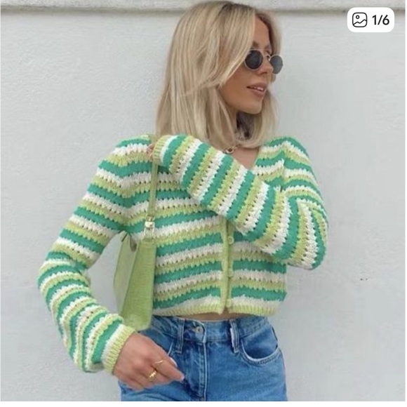 ZARA Knit Cardigan Green Yellow Stripe - Picture 2 of 7